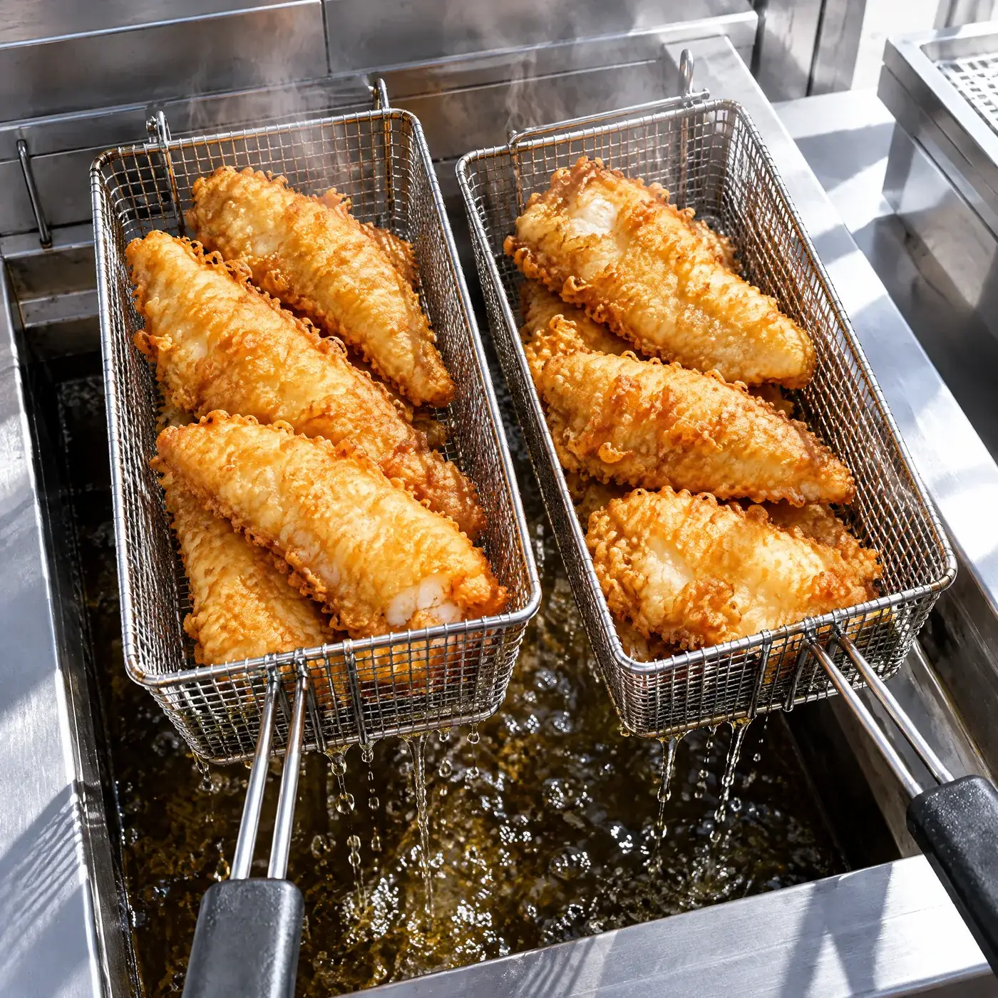 Fryer baskets full of battered fish