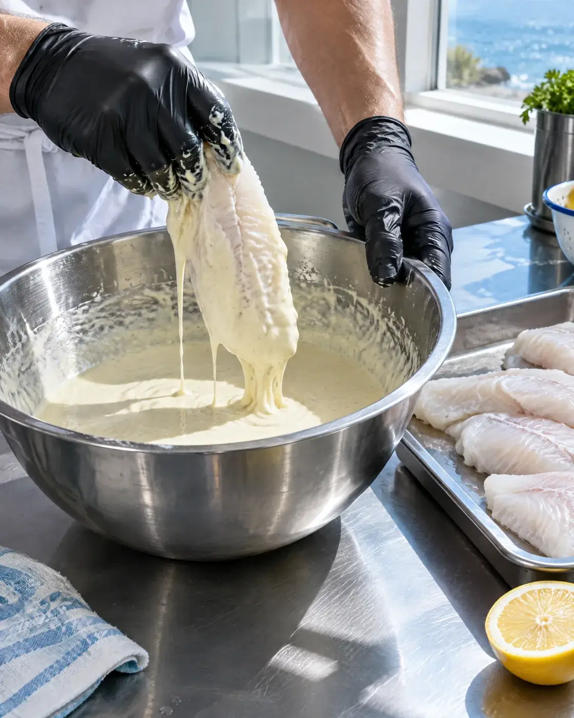 Hands dipping fish into batter