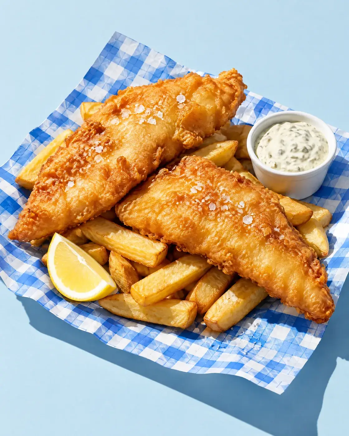 Fish and chips on blue and white checked paper