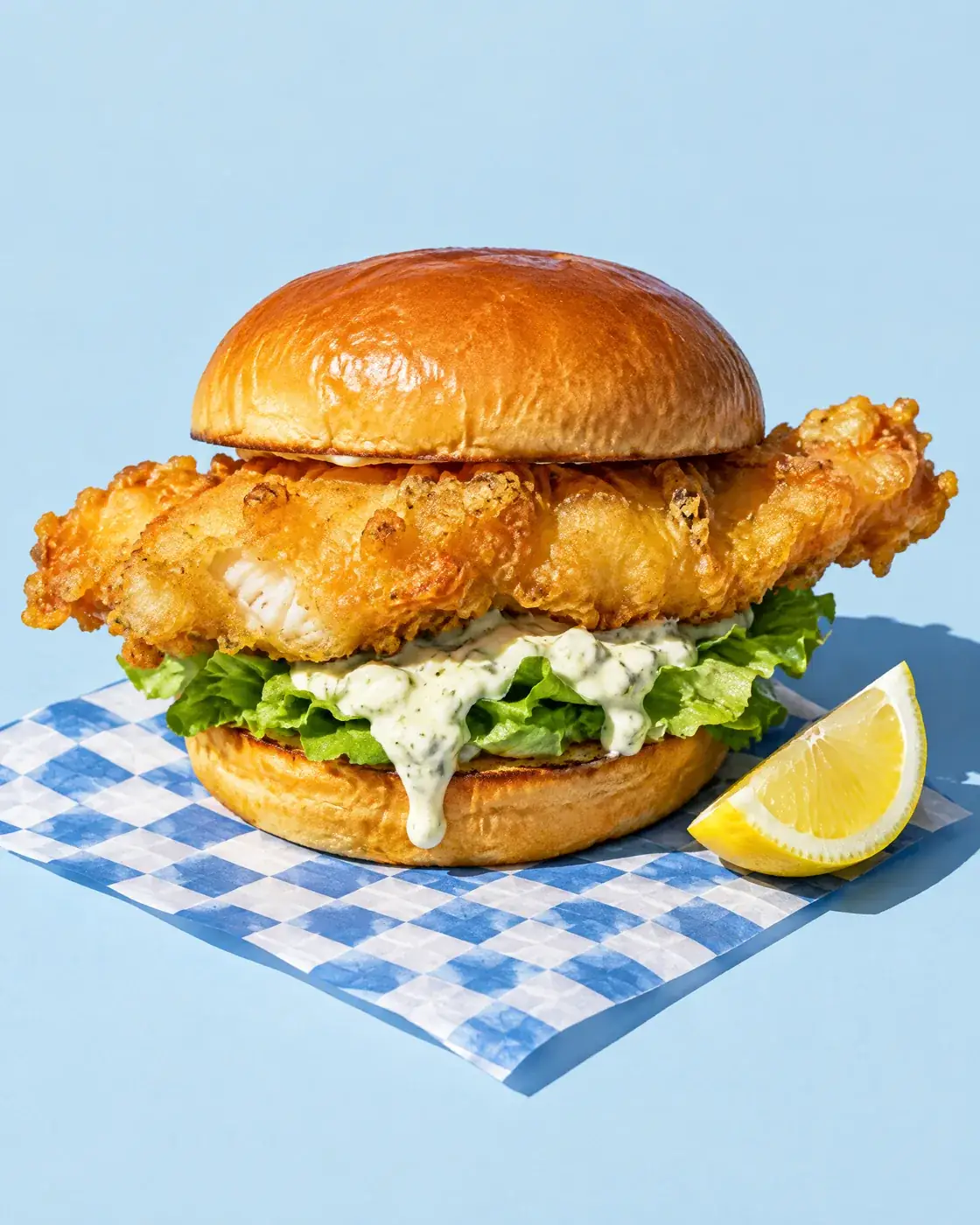 Fish burger with a crispy fillet up close