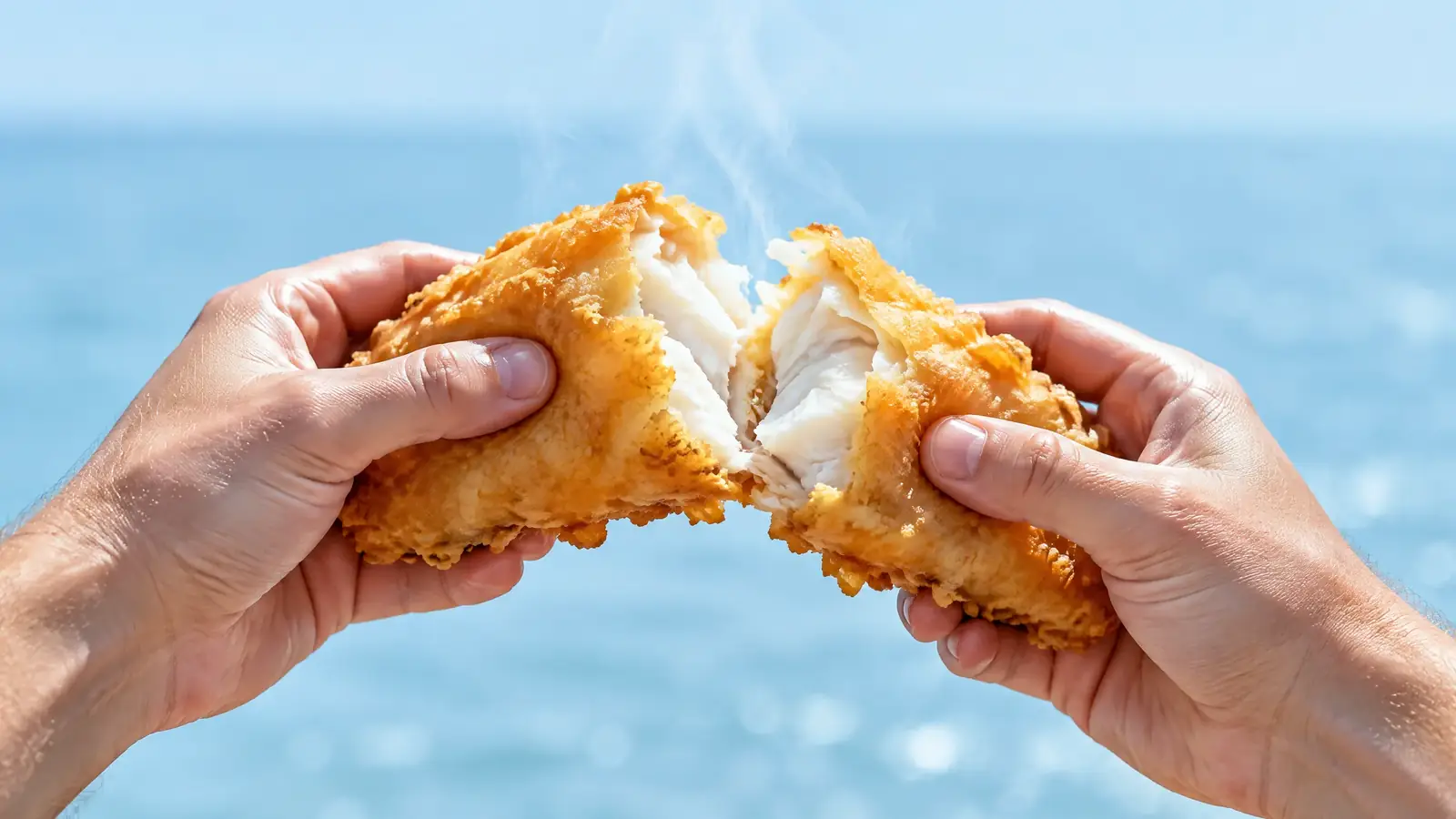 Hands breaking open a battered fillet, white flakes and steam