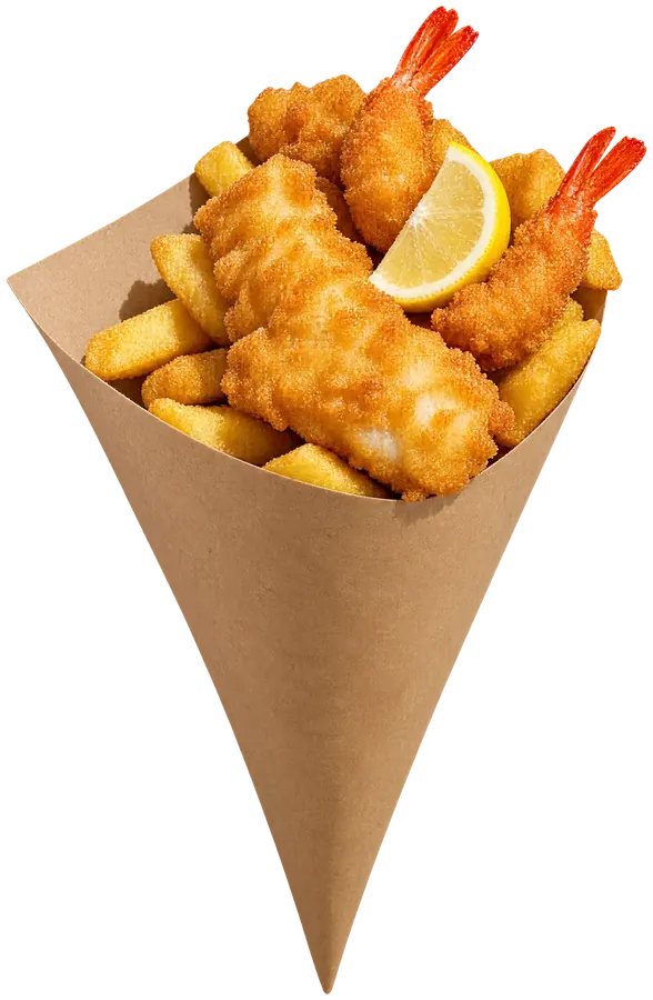 Paper cone of battered fish, chips, shrimp and a lemon wedge