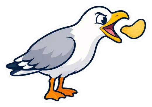 Cartoon gull on the rim of the cone, eyeing a chip