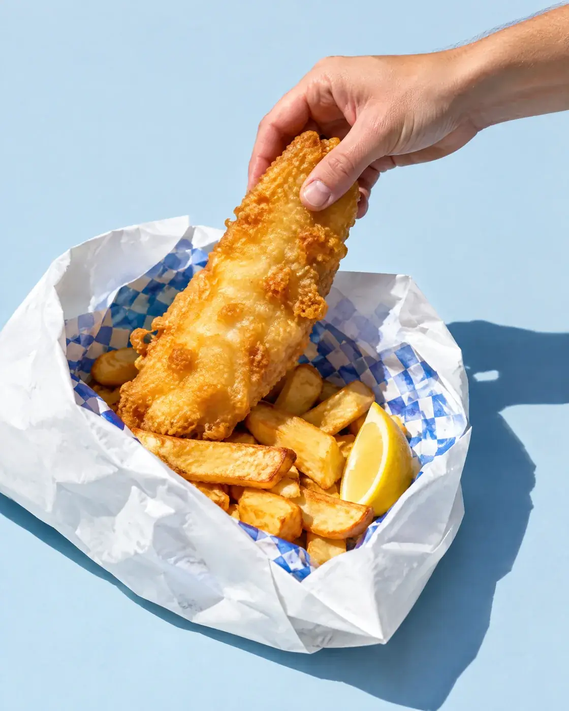 Hand lifting a battered fillet out of its paper, lemon wedge beside it
